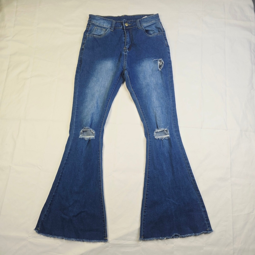 Unbranded Women Flare Jeans Size 28 Blue Distressed Raw Hem Bell Bottoms H55